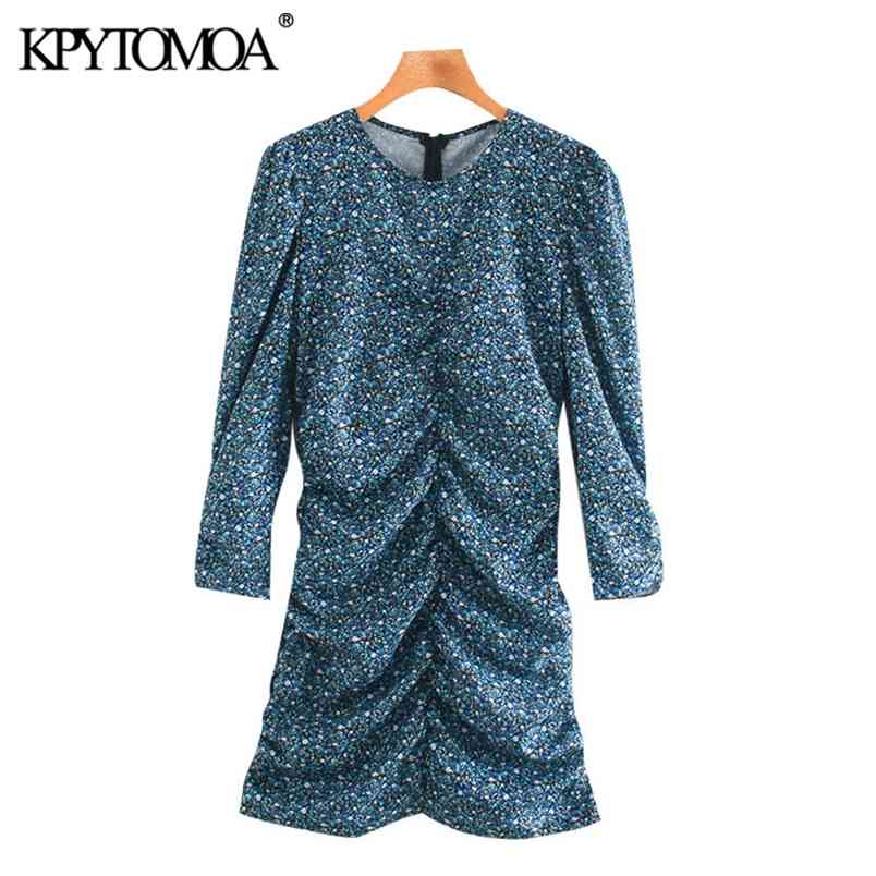 Women Chic Fashion Floral Print Pleated Mini Dress Three Quarter Sleeve Back Zipper Female Dresses Mujer 210420