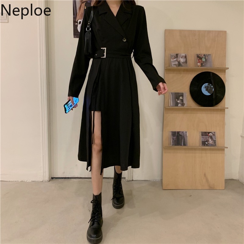 Neploe Maxi Dresses for Women Fashion Black Korean Dress Side Split High Wasit Slim Fit Robe Summer Temperament Vestido De Mujer 210422