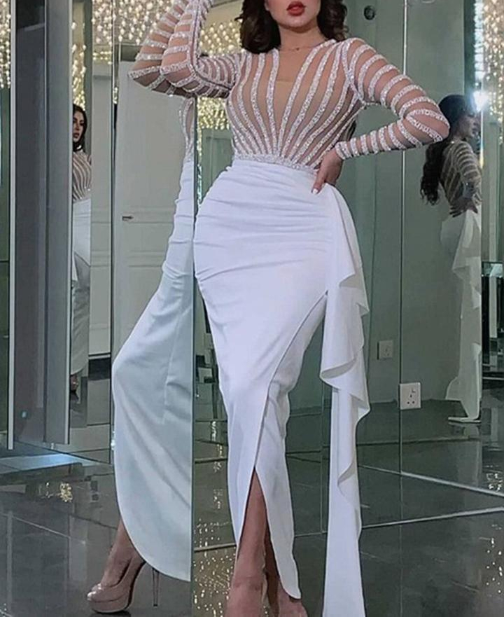 Silver Sexy V-Neck Mermaid Prom Dresses 2020 Long Sleeves white African Formal Evening Gowns Graduation see though Party Dresses 2022, Same as image 
Silver Sexy V-Neck Mermaid Prom Dresses 2020 Long Sleeves white African Formal Evening Gowns Graduation see though Party Dresses 2022, Same as image