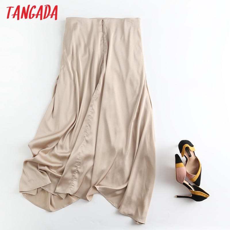 Women Solid Satin Midi Skirt Faldas Mujer Vintage Zipper Office Ladies Elegant Chic Skirts 6D41 210416