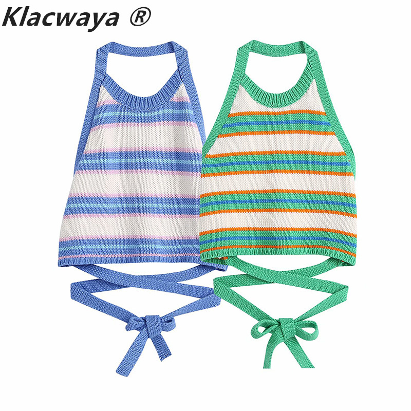 Vintage Striped Knitted Short Tank Top Women Sexy Party Backless Hater Crop Tops Fashion Streetwear Bow Vest 210521