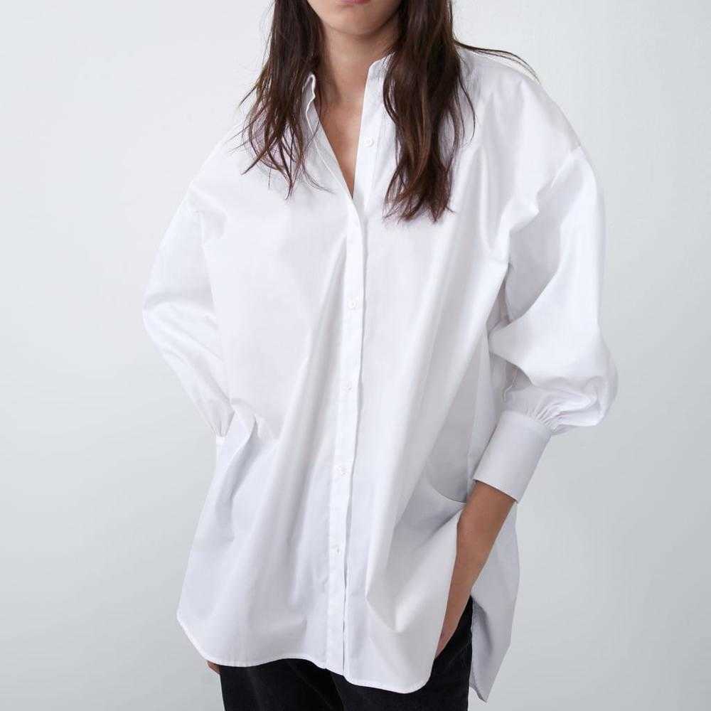 Stylish Women Long Shirt Spring Fashion White and Black Blouse Modern Lady Loose Long Sleeve Shirts 210602