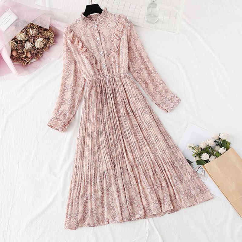 Spring Summer Women Sweet Pleated Dress Elastic Waist Long Sleeve Floral Print Chiffon Dress Fashion Casual Mid-calf Dresses 210521