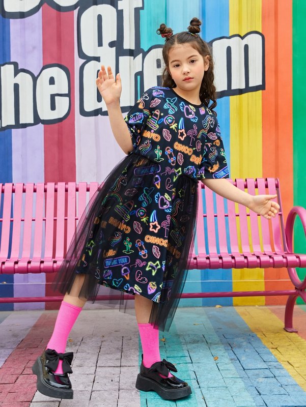 Girls Cartoon Graphic Sheer Mesh Detail Dress SHE