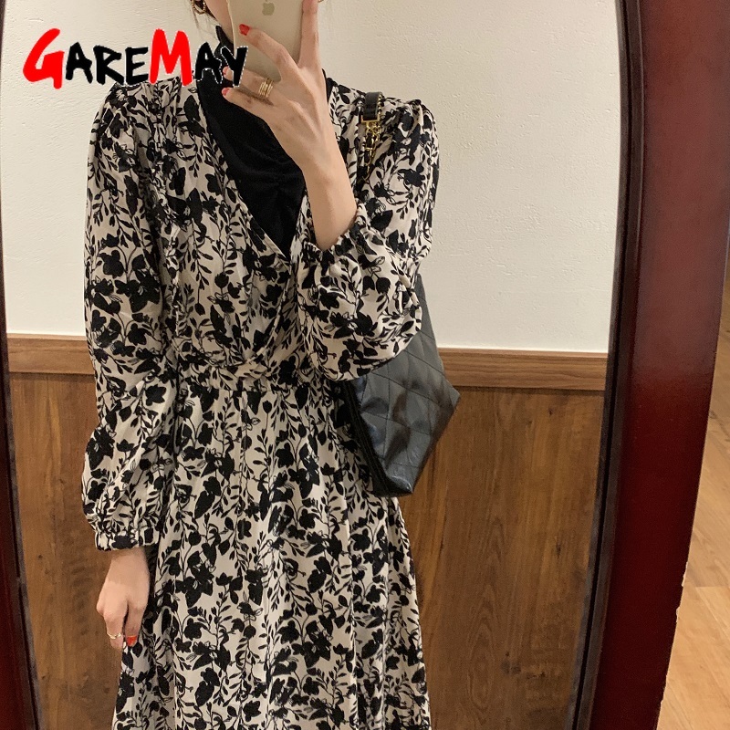 Elegant Dresses for Women Casual Korean Vintage Spring Long Sleeve V Neck Balck Midi Black Dress 210428
