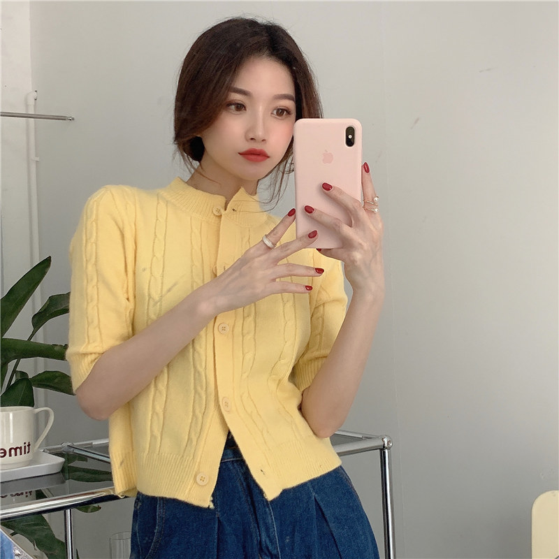 Comelsexy Lady OL Summer Solid All Match Short Sleeves Coats High Waist Knitted Cardigans Thin Women Fashion Sweaters 210515