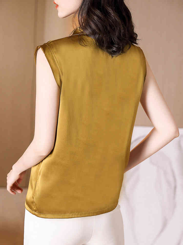 Women Summer Silk Blouse Sleeveless Office Work Wear Casual Elegant Blouses Ladies Loose Shirt Tops Blusas 210519