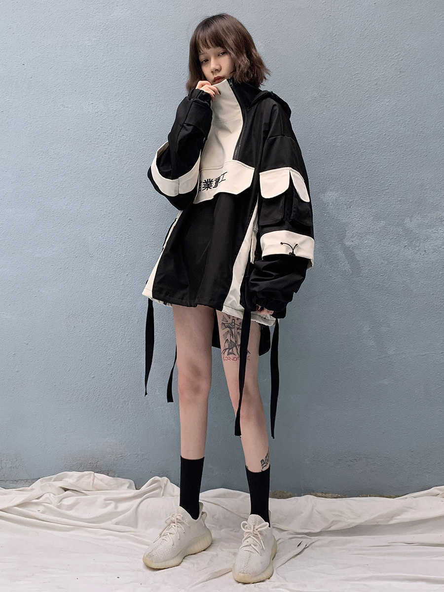 multi pocket stormsuit hiphop casual stitching Half Zip Hooded women Men's clothes Antique jacket Japanese style streetwear 211009