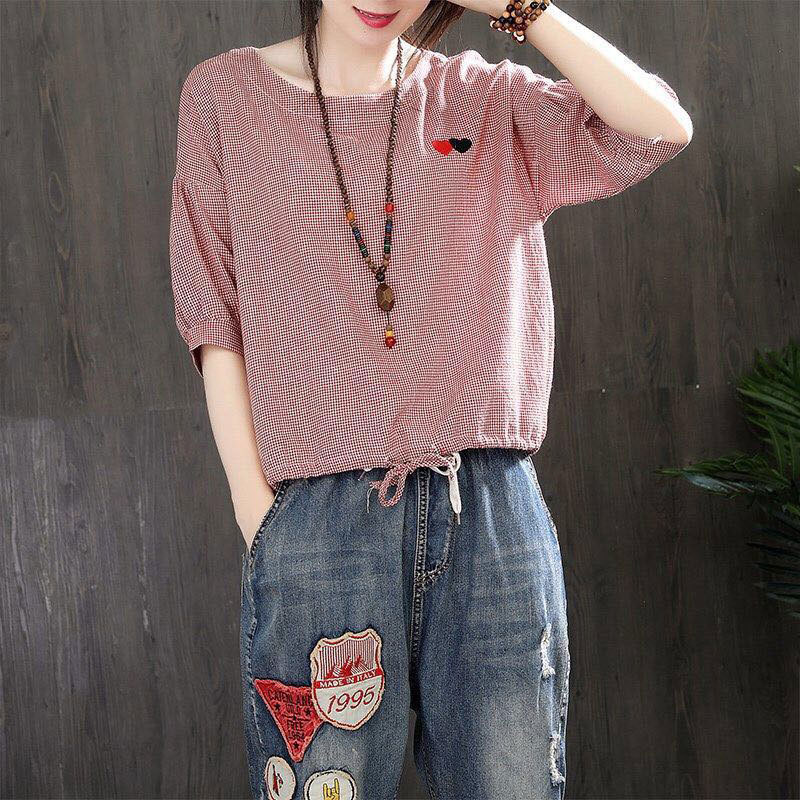 Arrival Summer Women Tshirt Plus Size Loose Casual Half Sleeve O-neck Tee Shirt Femme 100% Cotton Plaid Cute Shirts D12 210512