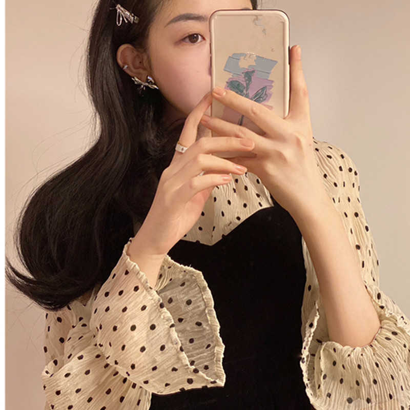 Spring Women 2Pieces Sets Dot Flare Sleeve Blouse Shirt + Slim Wiast A-line Velour Sling Dress Korean Suits 6E792 210603