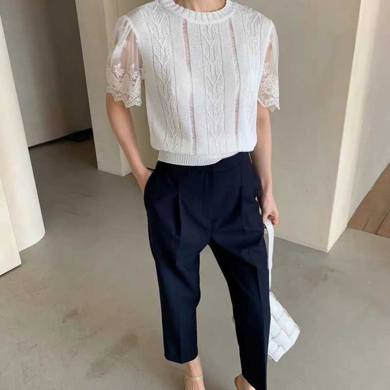 Mesh Lace Short Sleeve Patchwork Knitted Top Causal O-neck Ice Silk Knitwear Women Summer Elegant Jumper 6H150 210603