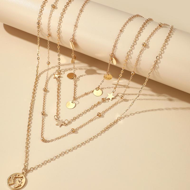 Chains Bohemian Map Pendant Neckalce For Women Star Wafer Multilayer Sweater Chain Party Jewelry Accessories Collar 15130