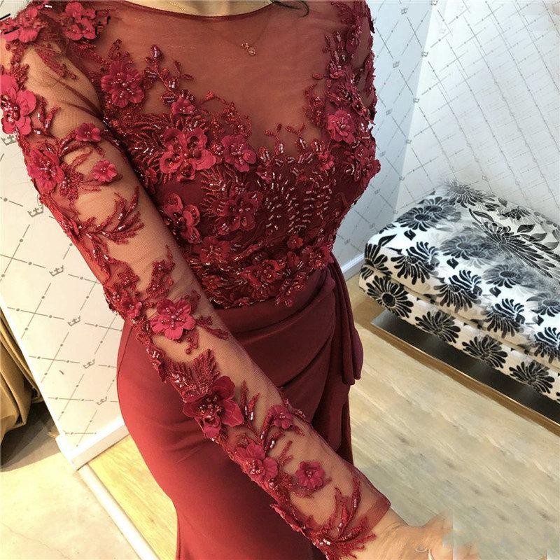 Dark Red Sexy Prom Dresses Jewel Neck Mermaid Long Sleeves Lace Appliques Beads Illusion Hand Made Flowres Ruffles Evening Dress Party Formal Gowns