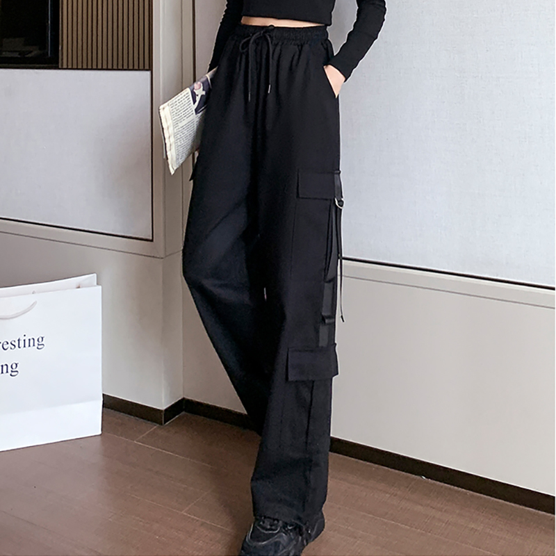 Big Pockets Cargo Women Waist Loose Streetwear Drawstring Trouser High Quality Pants B11206P 210416