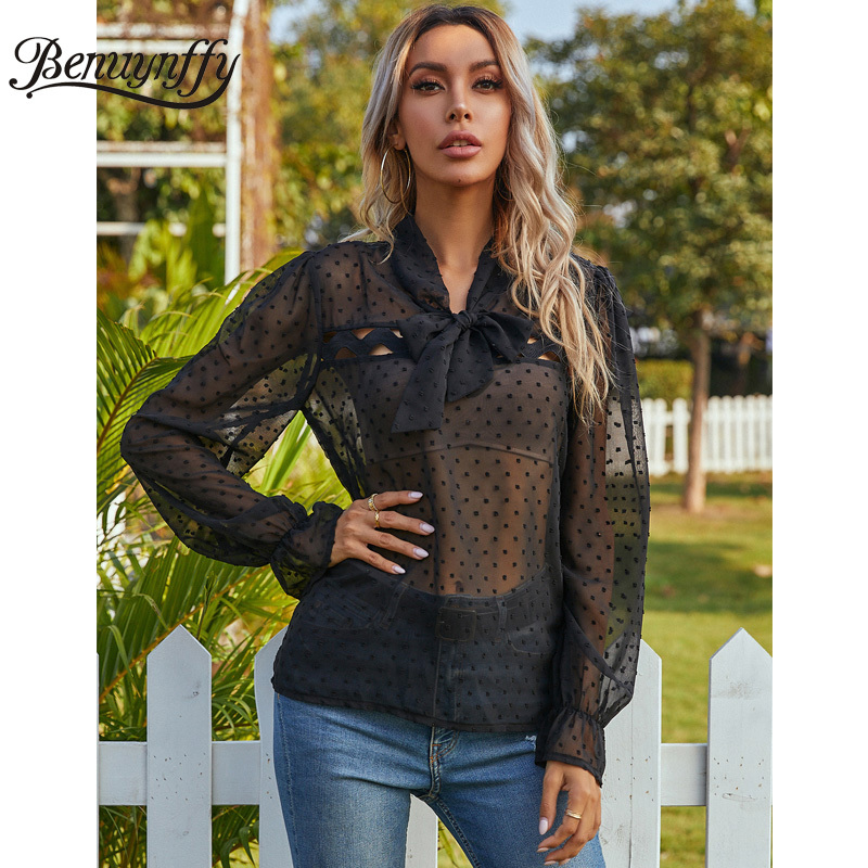 Bow Tie Neck Swiss Dot See Through Tops Blouses Women Spring Summer Black Long Sleeve Ladies Elegant Blouse 210510