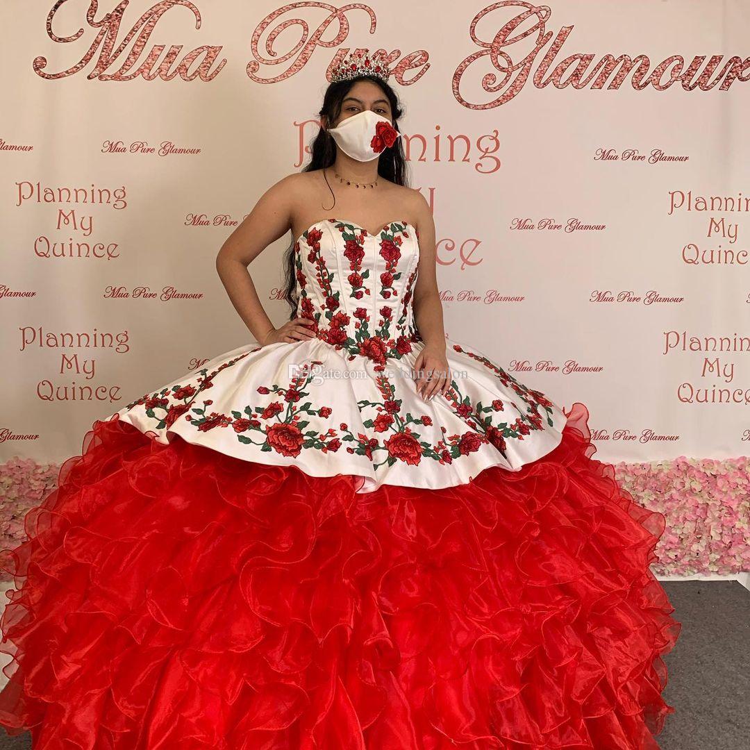 Red Ball Gown Quinceanera Dresses With Jacket sweetheart Sweet 16 Dress Cascading Ruffles skirt embroidery Satin Masquerade Gowns