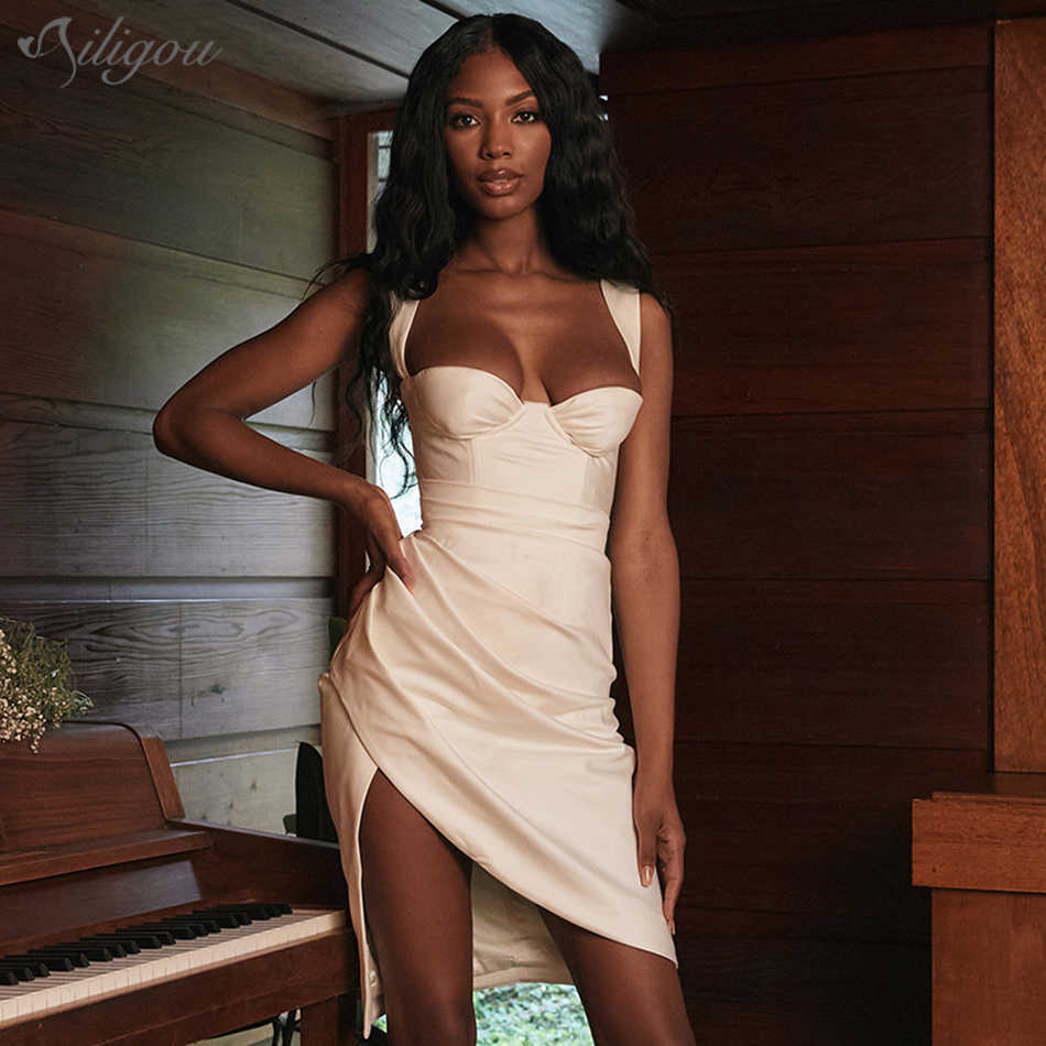 Ladies White Sleeveless Dress Sexy Irregular Draped Fashion Summer Beach Party Clothing Streetwear 210527