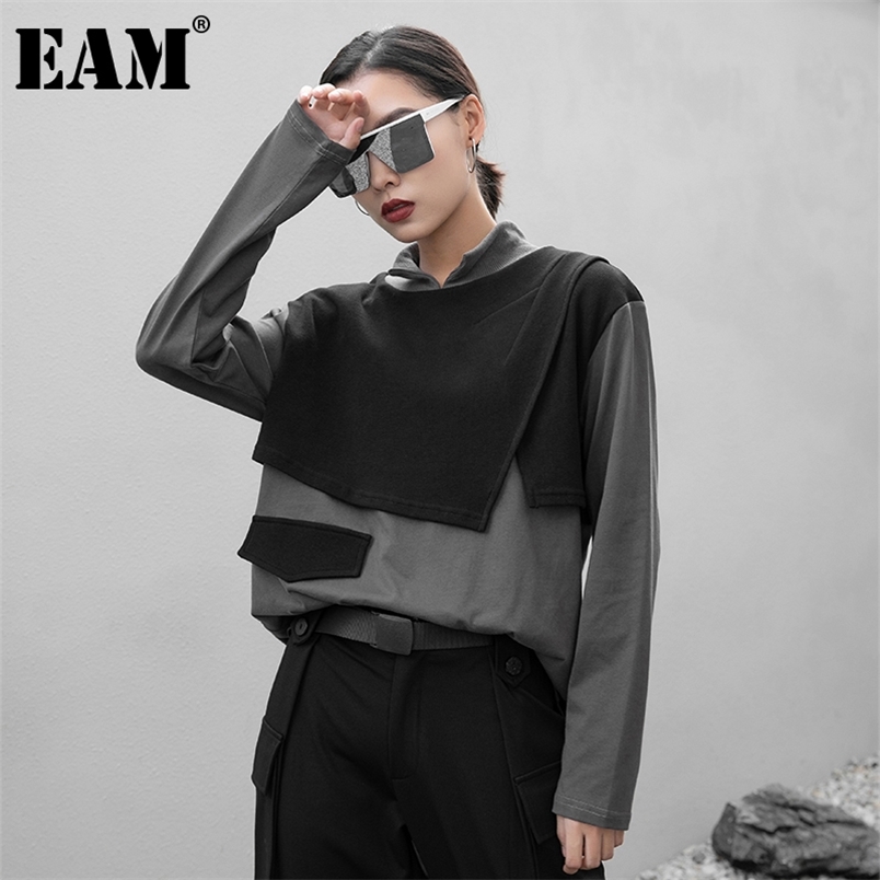 EAM Women Gray Contrast Color Big Size Irregular Tshirt Turtleneck Long Sleeve Fashion Spring Autumn 1DB350 210406