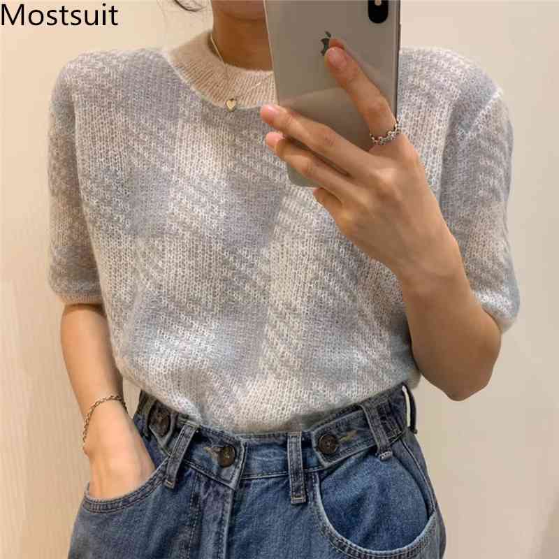 Summer Mohair Houndstooth Knitted Sweaters Tops Women Short Sleeve O-neck Pullovers Fashion Casual Korean Ladies 210518, Light blue
Summer Mohair Houndstooth Knitted Sweaters Tops Women Short Sleeve O-neck Pullovers Fashion Casual Korean Ladies 210518, Light blue