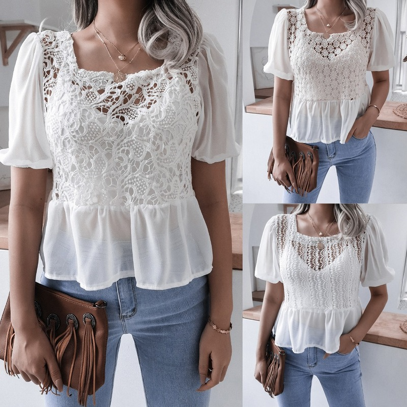 Women's T-Shirt Summer Casual Square Collar Short Sleeve Hem Ruffled Lace Shirt Holiday Jacket, White
Women's T-Shirt Summer Casual Square Collar Short Sleeve Hem Ruffled Lace Shirt Holiday Jacket, White