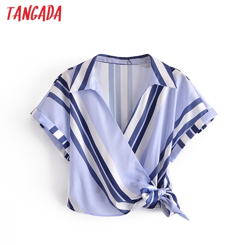 Women Blue Striped Print Summer Blouse Short Sleeve Chic Female Crop Shirt Blusas Femininas JE17 210416