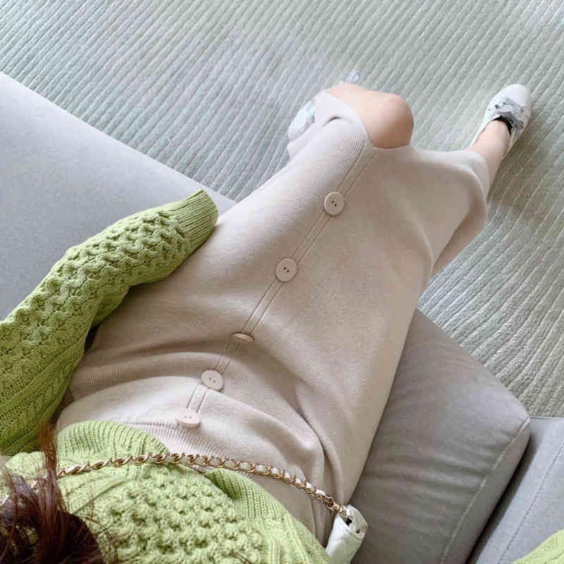 Nomikuma Autumn Winter Women Sweater Skirts Korean Buttons Split High Waist Slim Knitted Skirts Fashion Faldas Mujer 6D269 210427