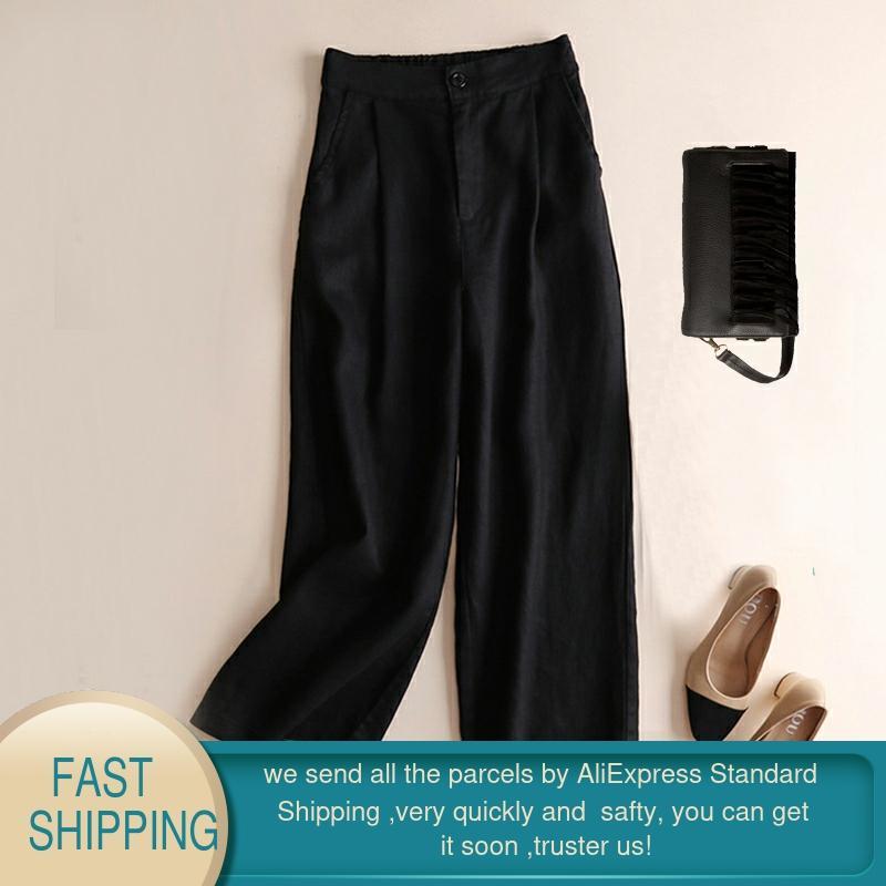 Summer and Autumn Cotton Linen Wide Leg Pants Women High Waist Palazzo Korean Style Plus Size Loose Womens Trousers 210428