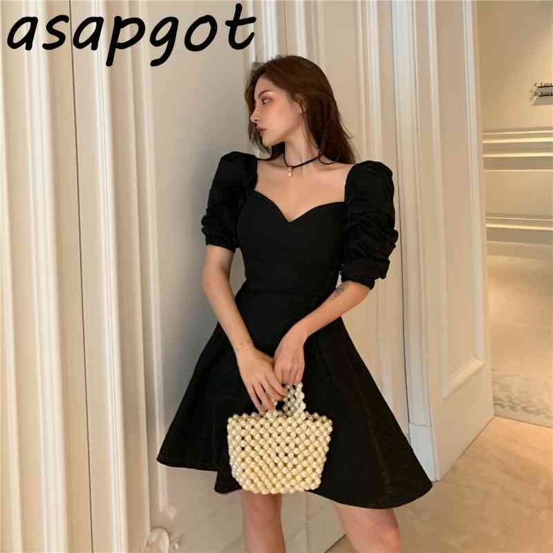Retro Palace Style V Neck Puff Sleeve White Dress Women Loose Short Black Birthday Vestidos Mujer Party Fashion Simple 210429