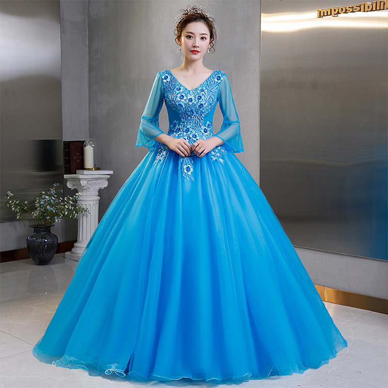 Quinceanera Dresses 2021 Beaded Party Prom Formal Three Quarter Sleeve V-neck Ball Gown Vestidos De 15 Anos QC1379