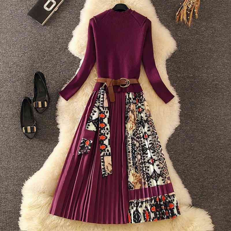 Comelsexy Autumn Women Casual O-neck Dress Knitting Patchwork Fashion Elegant Pleated A-line Loose Knee-Length Office Lady Dress 210515
