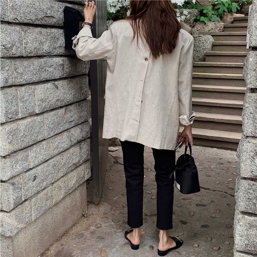 Qooth Women Solid Blazer Korean Ins Retro Lapel Slim Back Split Button All-match Loose Thin Suit Cropped Jacket Female QT129 210609