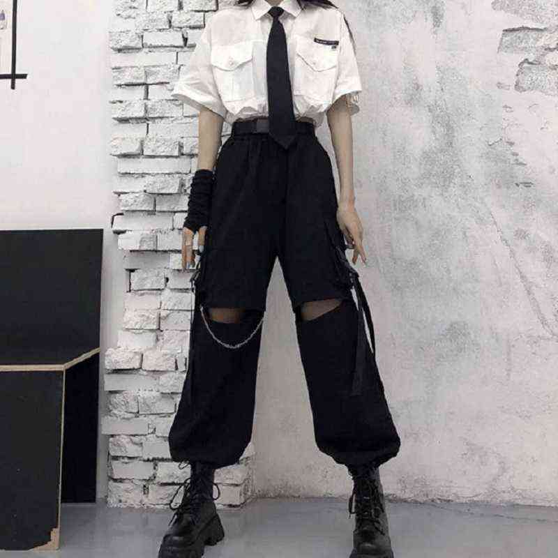 HOUZHOU Gothic Streetwear Women's Cargo Pants with Chain Punk Techwear Black Oversize Korean Fashion Wide Leg Trousers Alt 211115