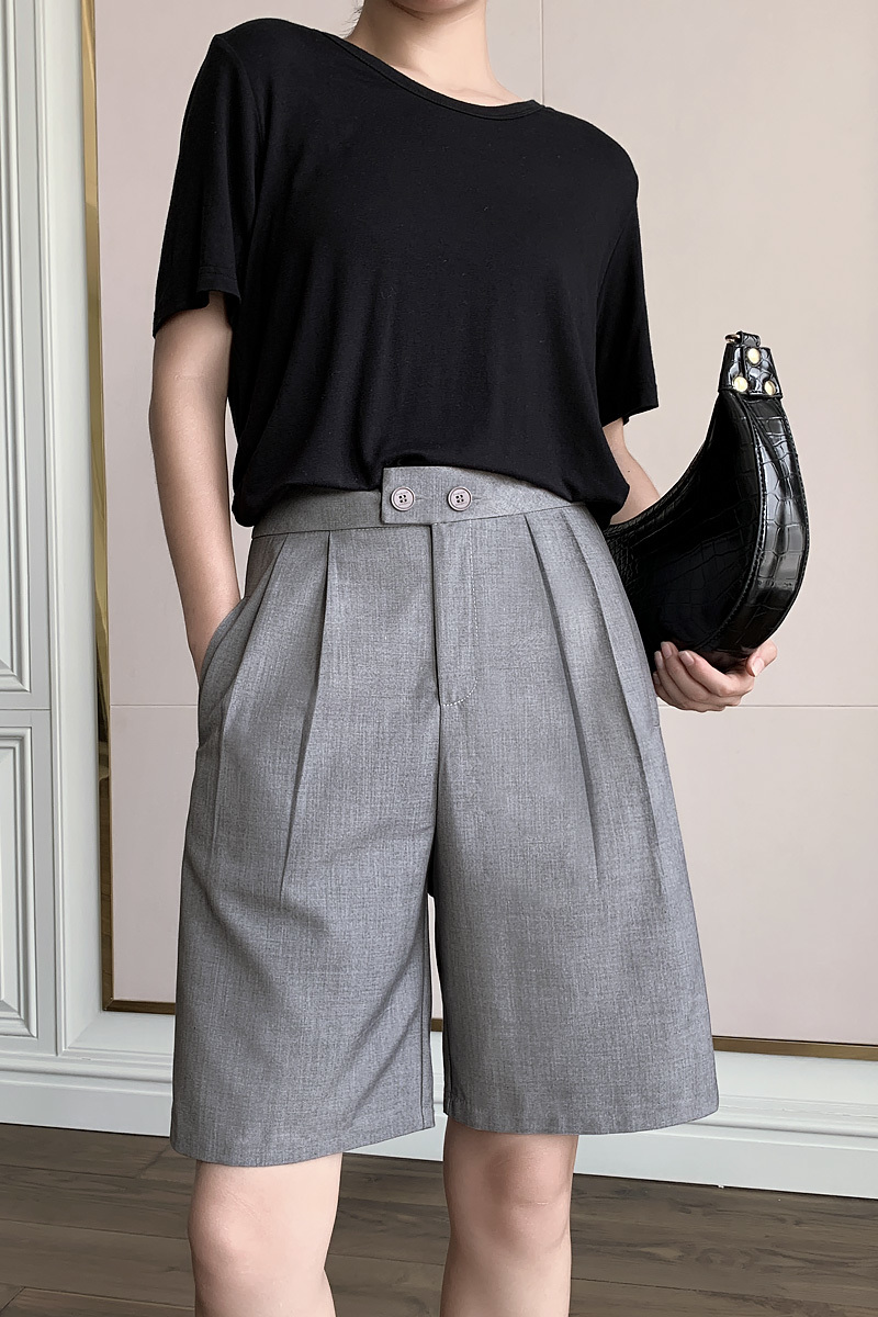 summer loose casual straight outer wear high-waisted Hong Kong-style suit five points thinner wide-leg shorts women 210429