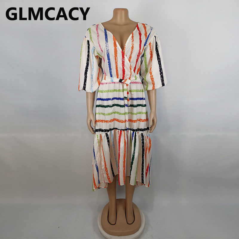 Women Puff Sleeve V Neck Striped Dress Elegant Evening Party Maxi Dress 210702