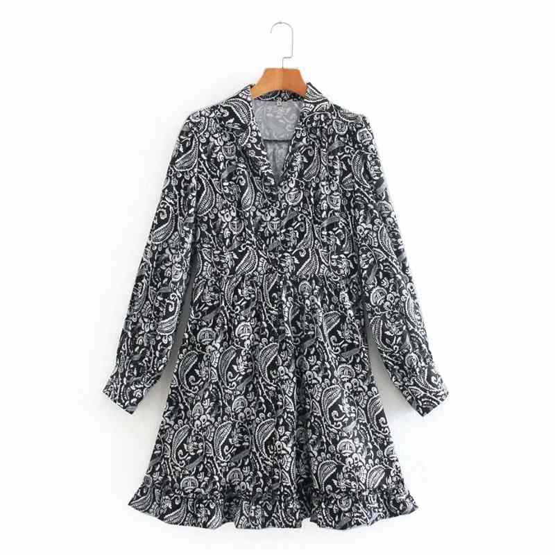 Women V neck A-line Floral Dress Knee Length Ruffles Puff Sleeve Elegant Party Casual Office Lady Vintage NX2116 210525, Black 
Women V neck A-line Floral Dress Knee Length Ruffles Puff Sleeve Elegant Party Casual Office Lady Vintage NX2116 210525, Black