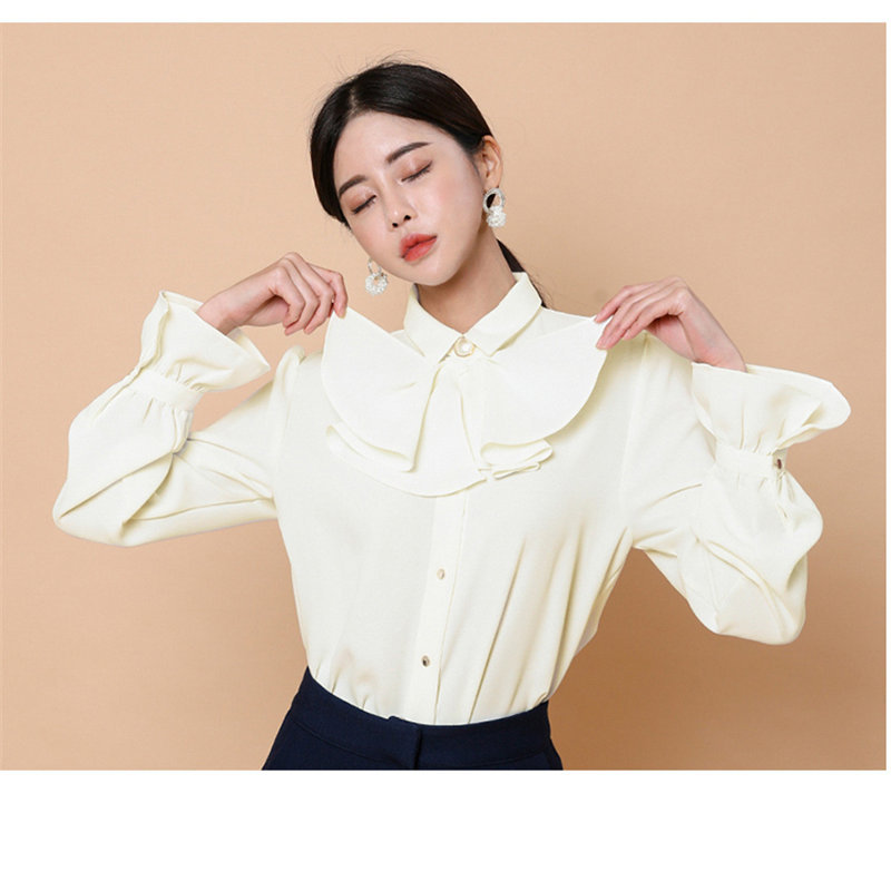 Fashion Apricot Women Formal Plus Size Blouse Elegance Flare Sleeved Bow OL Shirt Solid Office Lady Basic Tops 210421