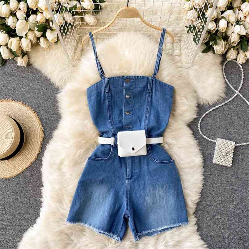 Women Sexy Spaghetti Strap Mini Rompers Summer Fashion Pockets Tassel Denim Short Playsuits With Waist bag 210602, Blue
Women Sexy Spaghetti Strap Mini Rompers Summer Fashion Pockets Tassel Denim Short Playsuits With Waist bag 210602, Blue