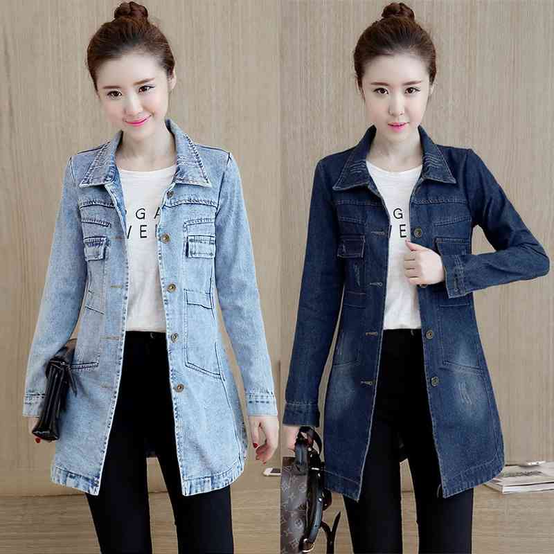 Korean sleeved denim coat women' slim single breasted medium and long windbreaker top, Light blue
Korean sleeved denim coat women' slim single breasted medium and long windbreaker top, Light blue