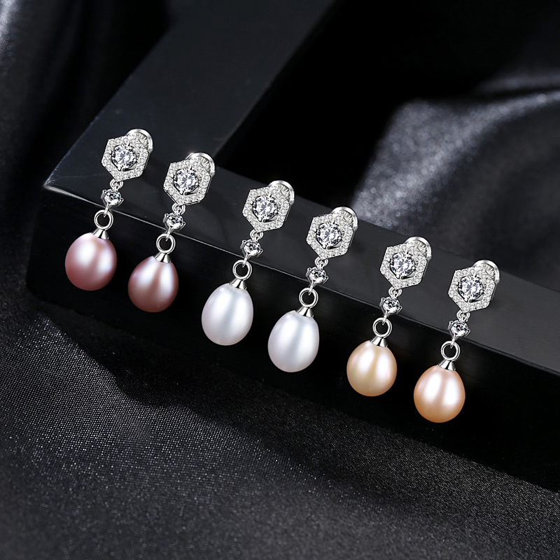 New Fashion Pearl Earrings Sterling Silver Natural Freshwater Pearl Inlaid Zircon Stud Earrings Women Jewelry Gifts