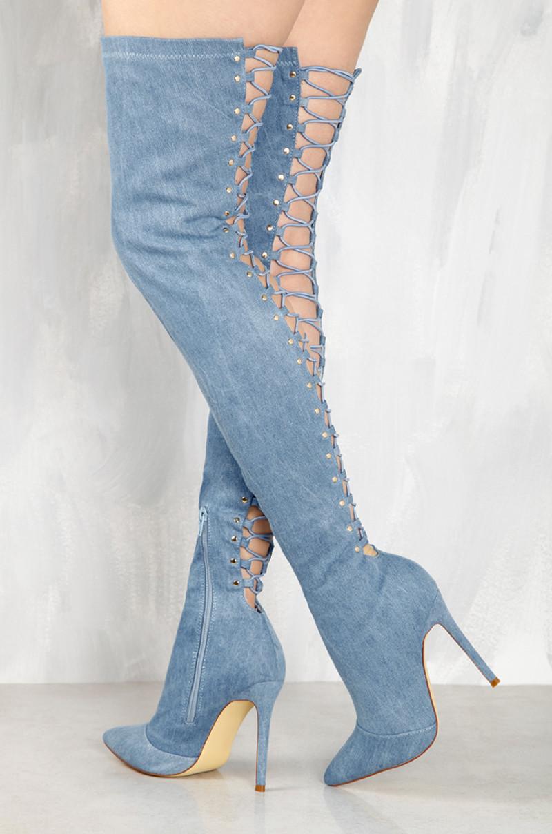 Boots Sestito Woman Cut-outs Classical Denim Girls Pointed Toe Lace-up Over Knee Lady Stiletto High Heels Sandals, Blue
Boots Sestito Woman Cut-outs Classical Denim Girls Pointed Toe Lace-up Over Knee Lady Stiletto High Heels Sandals, Blue