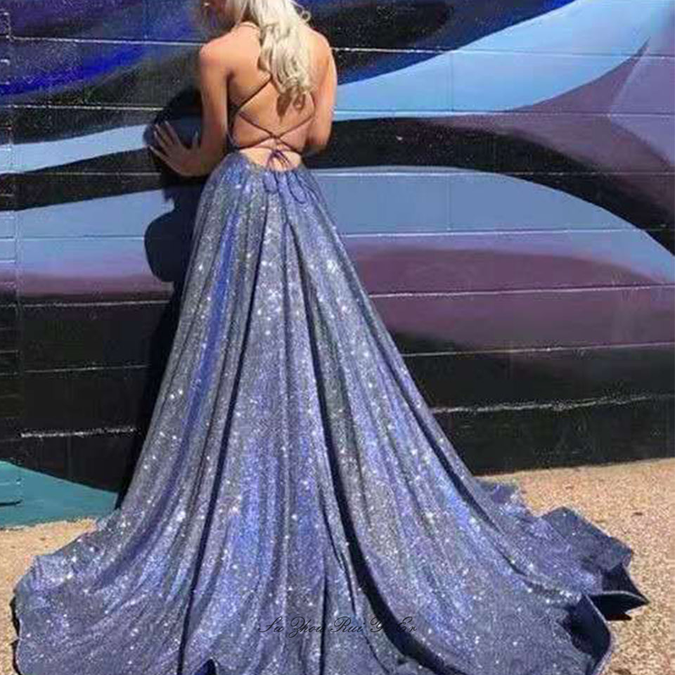 Blue Glittery Formal Evening Dresses 2021 Lace Up Back Sparkle Prom Dress Long Evening Elegant Dress For Party