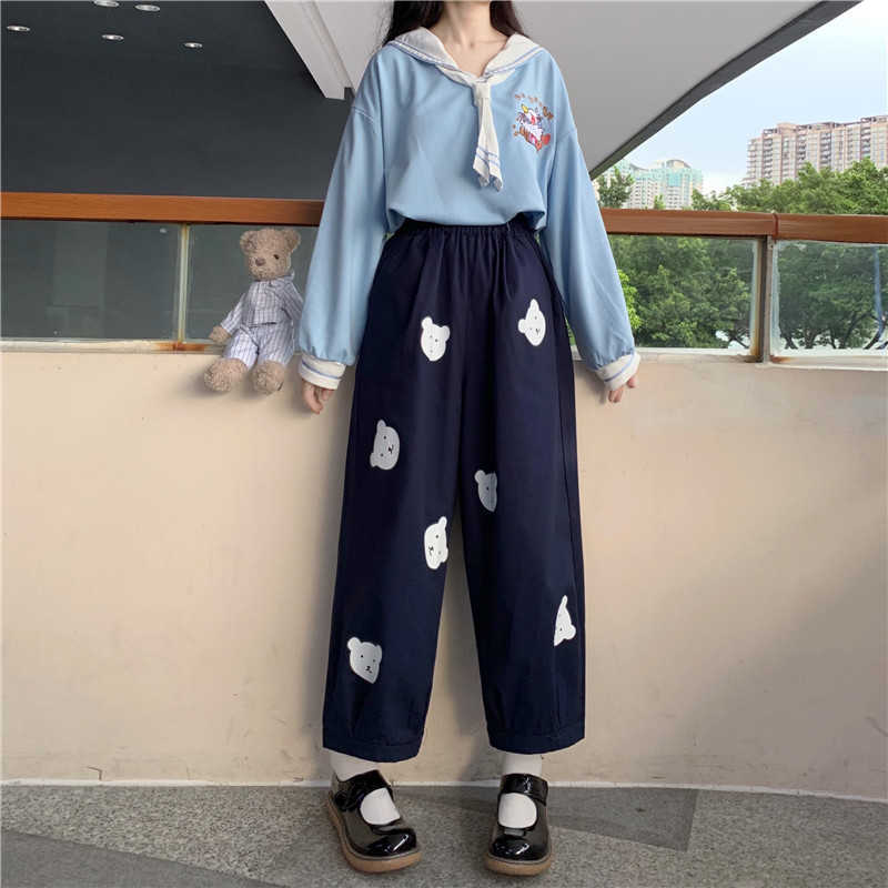 Japanese Kawaii Soft Girl Cute Bear Printing Women Pants Basis Wild High Waist Loose Trousers Elastic Waist Casual Student Pant 211006