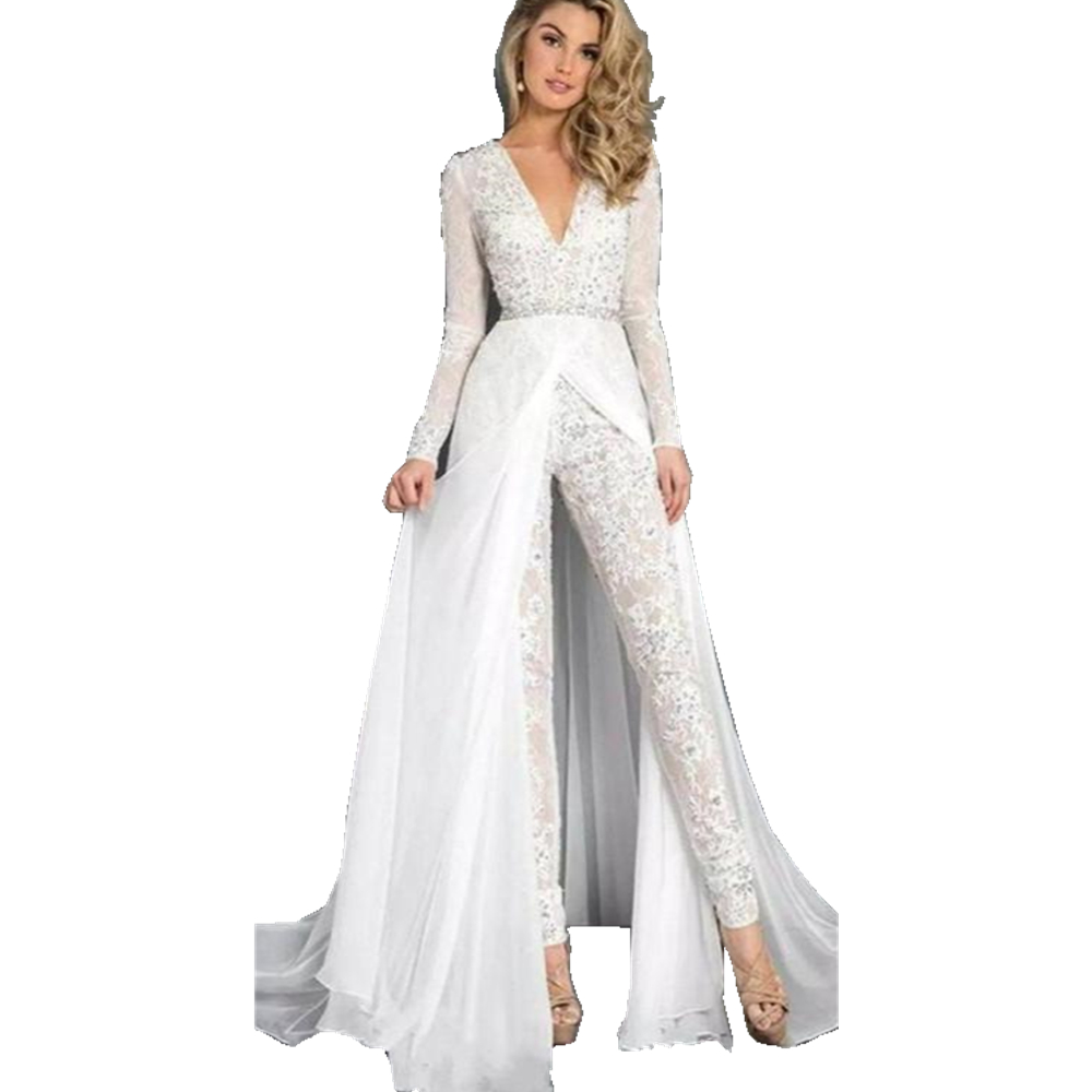 2022 Fashion Lace Chiffon Wedding Dress Jumpsuits With Overskirt Modest V Neck Long Sleeve Bridal Gowns Beach Casual Pant Suits Dresses for Bride