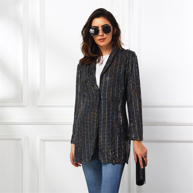 Women Blazer Single Button Long Sleeve Ladies Black Coat Sequined Stitching Women's Slim Suit Jacket Autumn Winter 210524