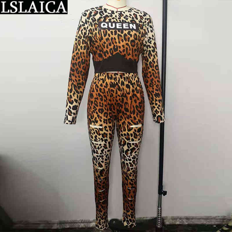Two Piece Set Women Leopard Letter Printing Elastic Waist Tracksuit Casual Fashion Outfits for 210515