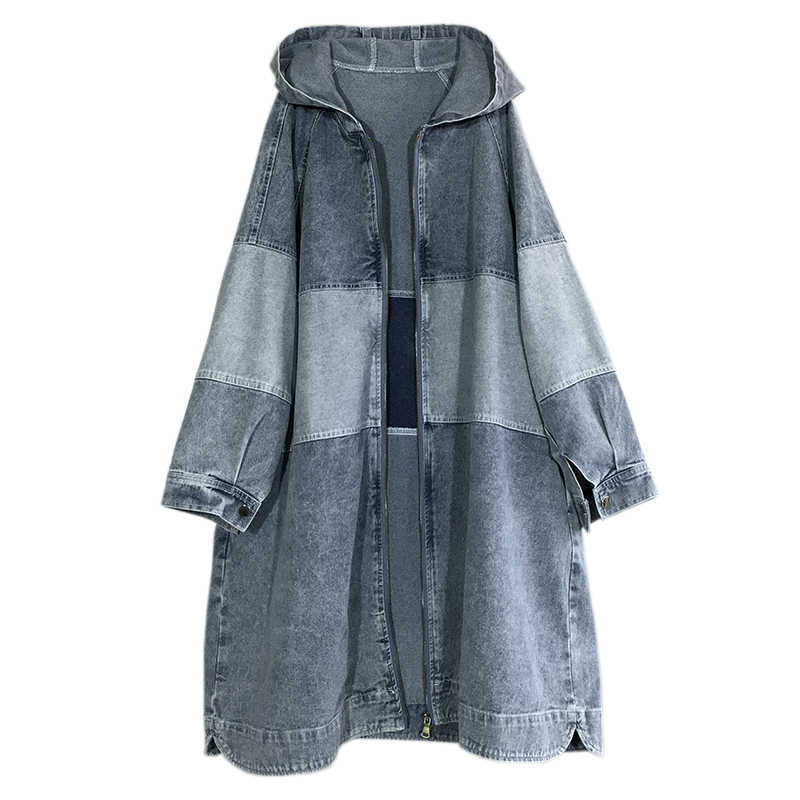 Korean Medium-length Denim Windbreaker Women Loose Autumn Fashion Hooded Trench Coat 210615