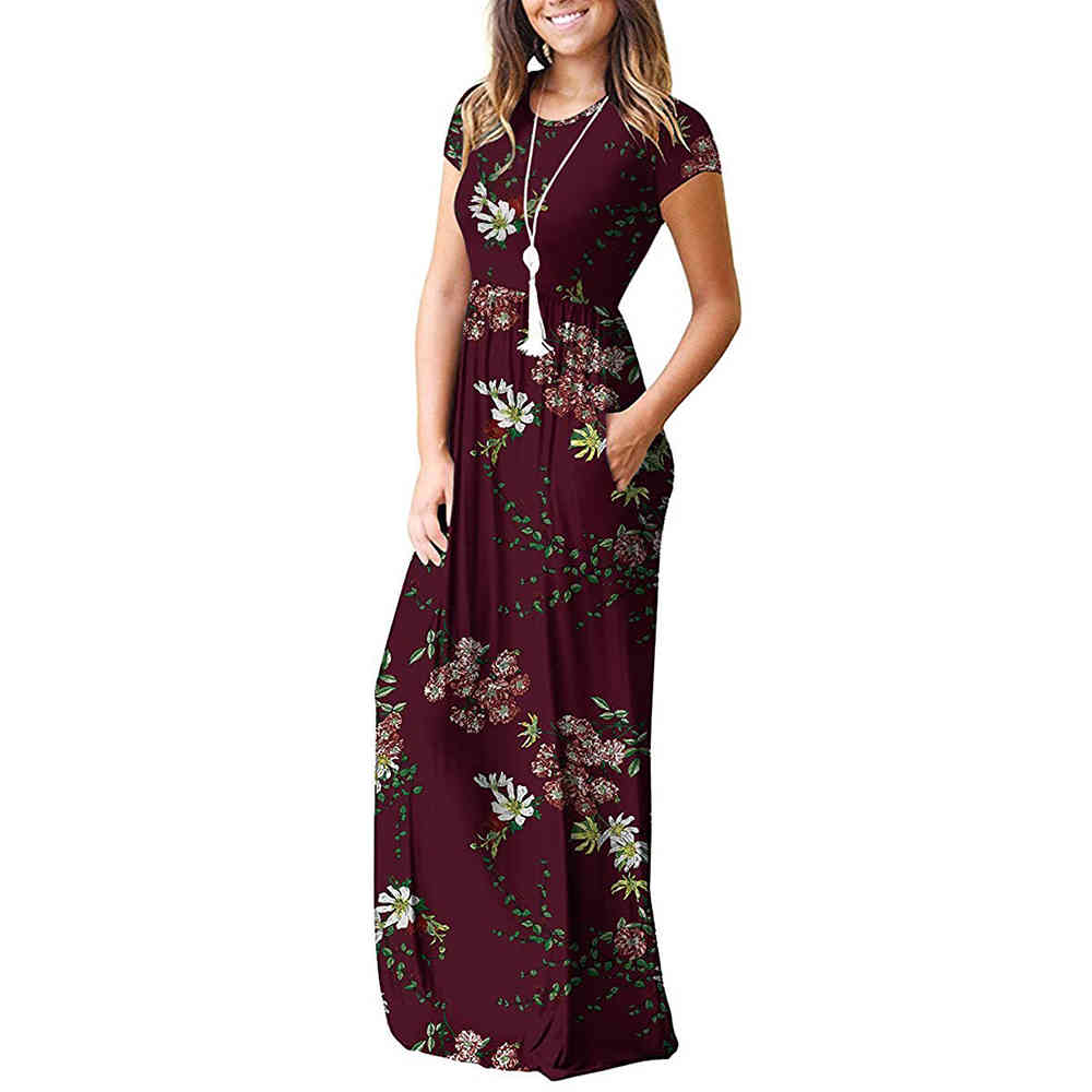 GULE Short Sleeve Summer Pleated Empire Waist Round Neck Floral Maxi Long Pockets Dress 210409