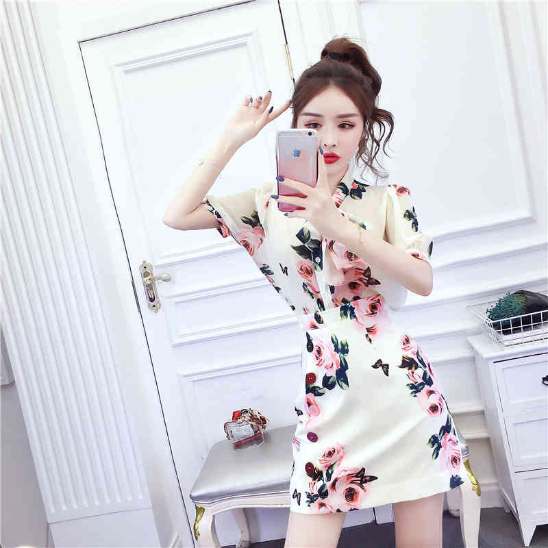 Fashion Women's Summer Two Piece Set Sweet Bowtie Flower Print Chiffon Blouse + High Waist A-Line Skirt Suit 210519