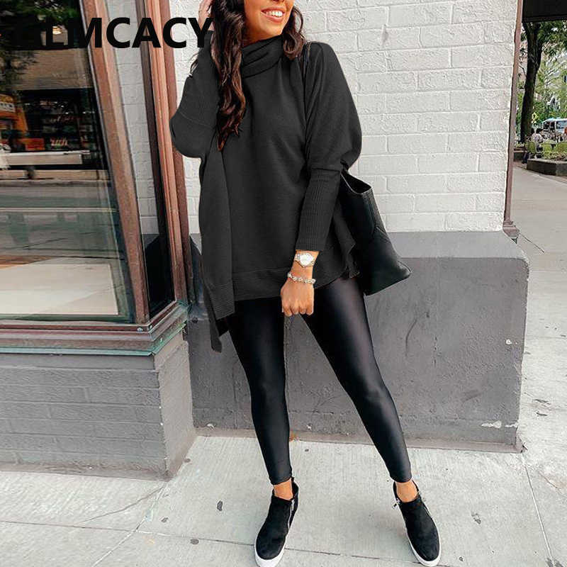 Women Batwing Sleeve Casual Solid Sweater Top Turtle Neck Slit Jumpers 210702