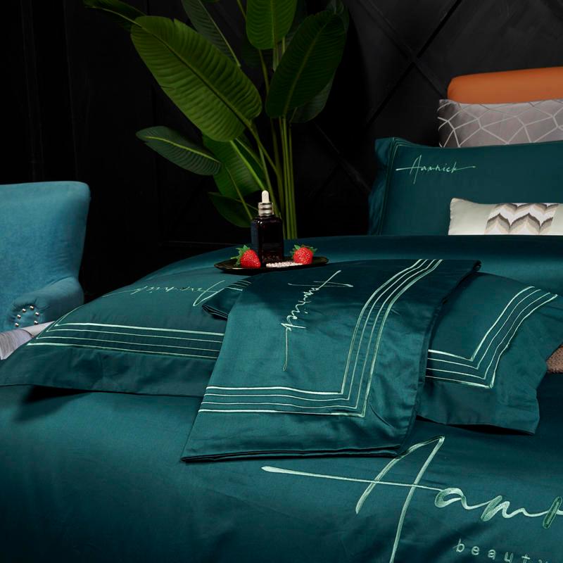 High Density Cotton Series Noble Green Bedding Set Simple Solid Color Duvet Cover 1.5/1.8m Bed Embroidery Pillowcase Sets